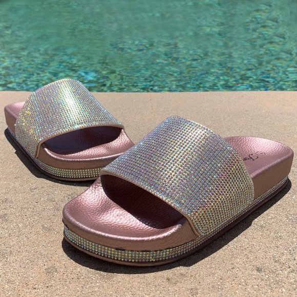 NEW🔥 Rose Gold Rainbow AB Rhinestone Slide Sandal - Picture 2 of 6